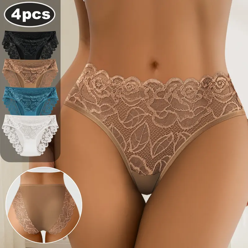 QUASTI 4PCS Women's Stylish Patchwork Lace Briefs Comfortable and Breathable Daily Underwear S-XXL