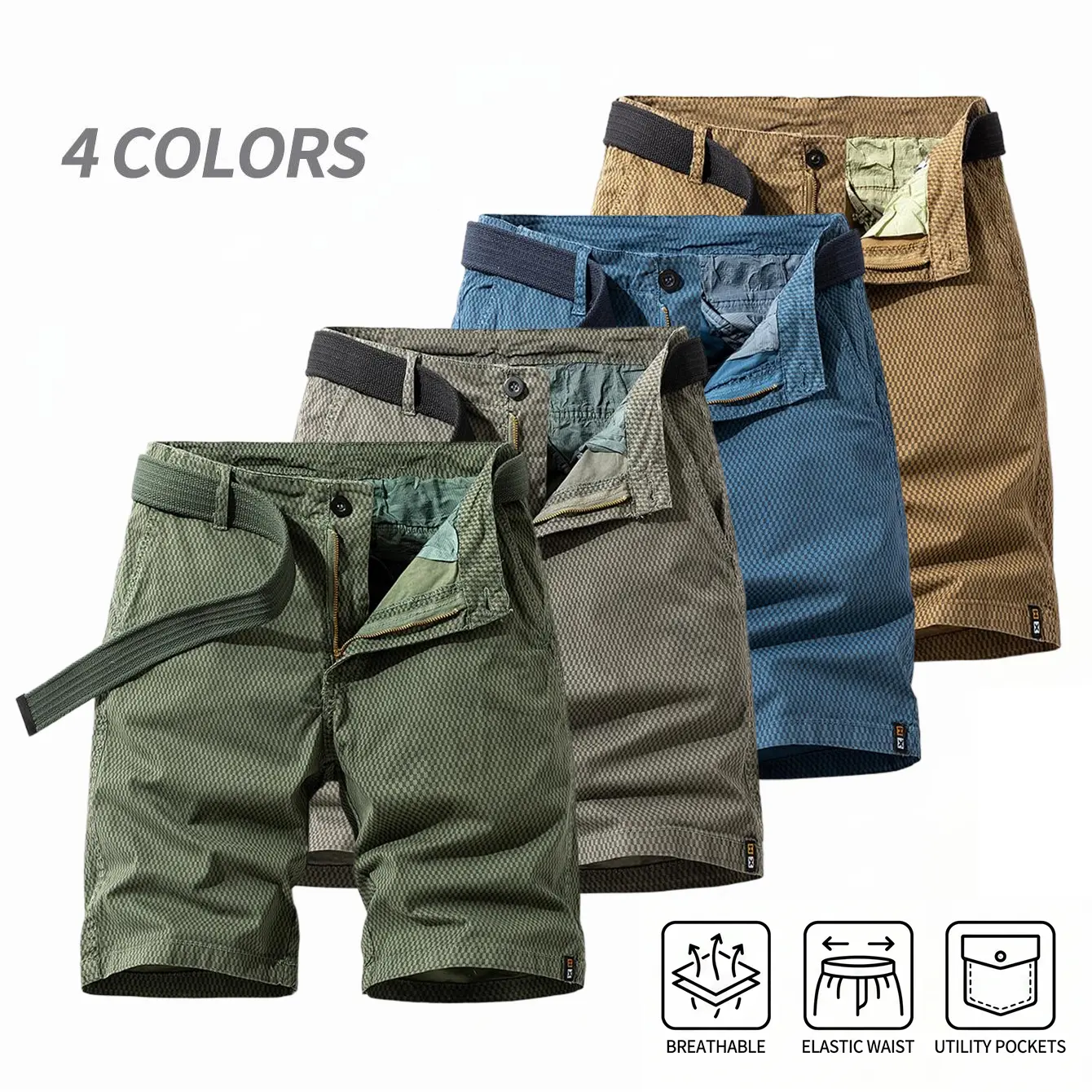 Men's Heavyweight Dark Plaid Casual Cargo Shorts - Menswear Bottoms, Mid Waist, Cargo Pockets, Breathable Skin-Friendly Fabric, Mid-Thigh Length, Street Casual Everyday Outdoor Wear, Short Pants