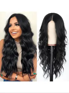 Black wig 13*4*1T type lace front wig Center-parted wavy curl hairstyle High-temperature resistant synthetic fibers Adjustable elastic net cap Natural hairline Suitable for daily wear, as a gift for ladies, or for parties - 26 inches