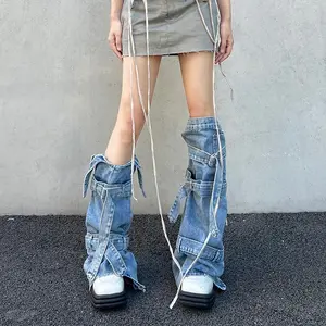 Y2K Baddie Subculture Washed Denim Leg Warmers Tie-Up Stackable lrregular Calf Niche Unique Design Fashion Sleeves Style