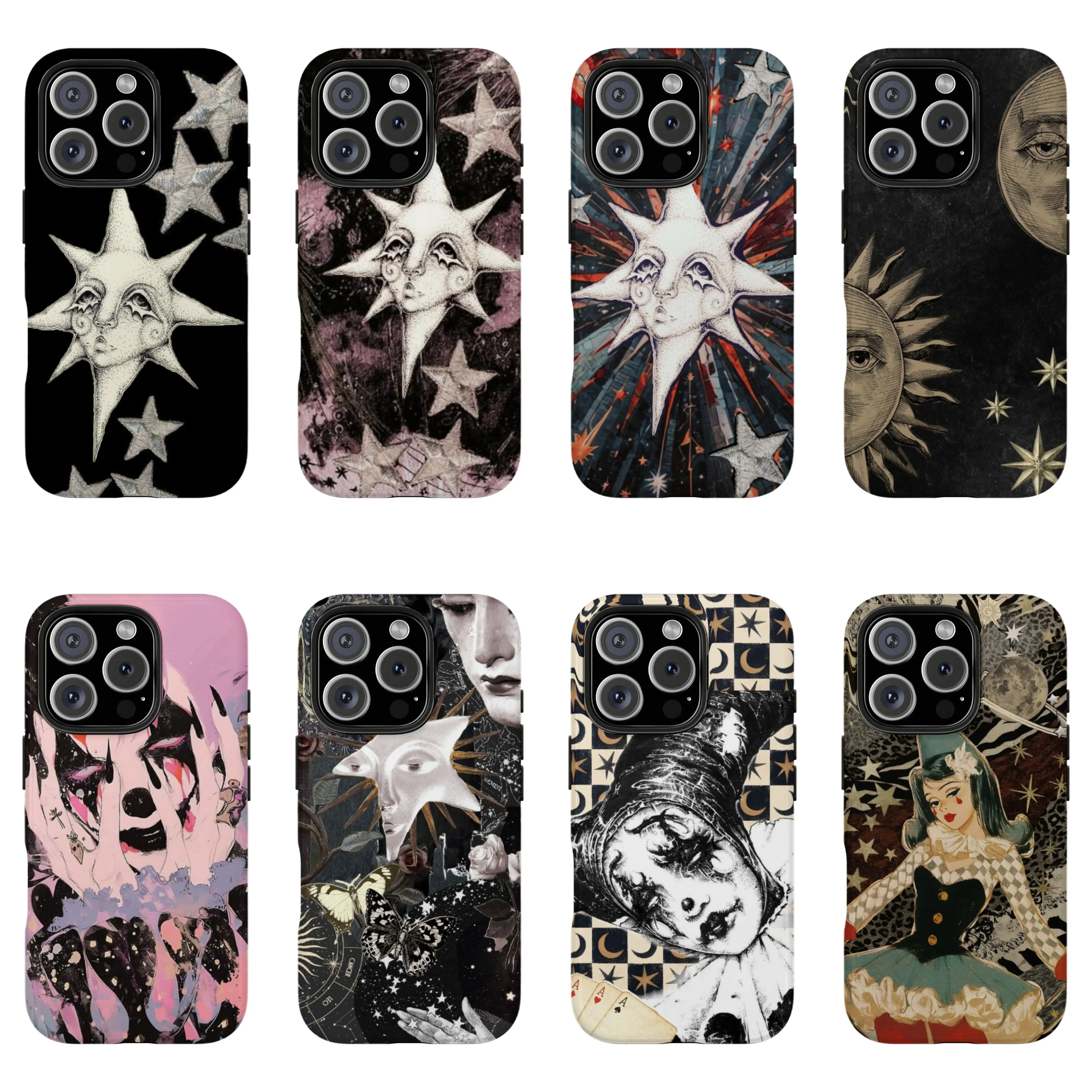 Whimsigoth Celestial Star & Dark Academia Clown Phone Case, Retro Y2K Grunge Aesthetic Phone Cover for iPhone 17 Pro Max 16 15 14 13 12 11 |   Whimsical Moon & Star Tough Case, Gothic Pierrot Clown Checkerboard Print, Indie Alt Fairycore Protective Cover