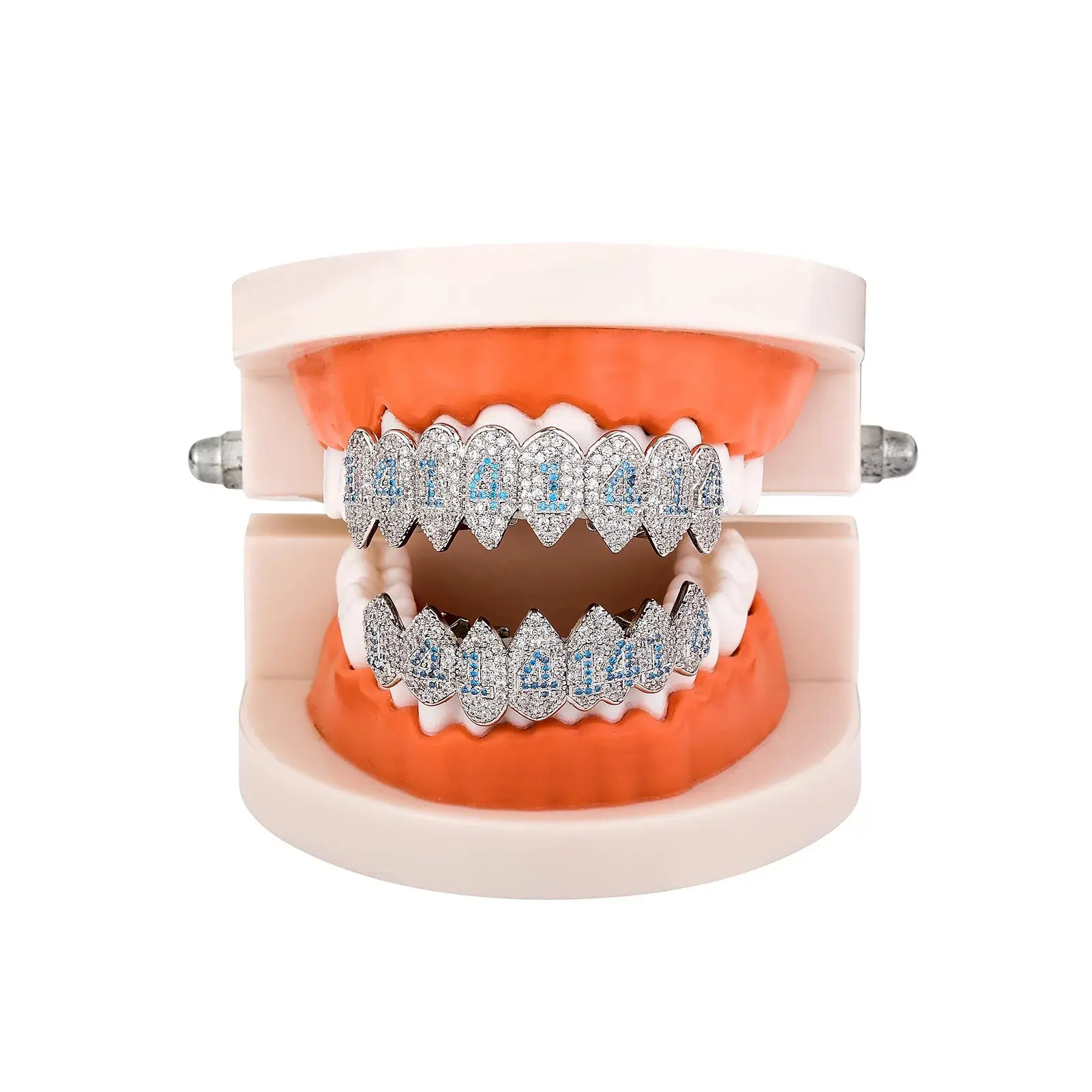 Hip Hop 8/8 Blue Number Zircon Teeth Grillz Top Bottom Fangs Full CZ Stone Tooth Caps For Women Men Body Jewelry
