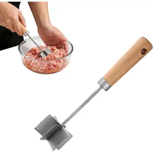 Steel Meat Chopper, 6-Blade Ground Beef Chopper Tool With Wooden Handle, 11 Inch Hamburger Smasher For Kitchen Cooking Vegetable Potato Puree