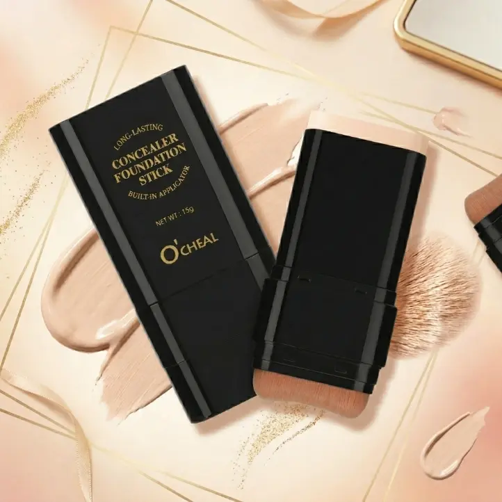 2-in-1 Dual Head Foundation Concealer Stick with Built-in Makeup Brush, Compact 15g Hydrating Cosmetic, Daily Full Coverage for Acne Marks & Dark Spots, Long-lasting, Transfer-resistant, Sweat-proof, Smooth Flawless Finish Makeup Base, Makeup Routine