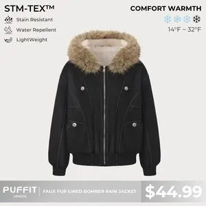 PUFFIT STM-TEX Faux Fur Lined Waterproof Bomber Jacket With Faux Fur Collar Hood,Elegant And Sophisticated,Enhances Warmth, Providing A Soft,Beautiful And Warm, Offering Both Style And Practicality,Y2K Style