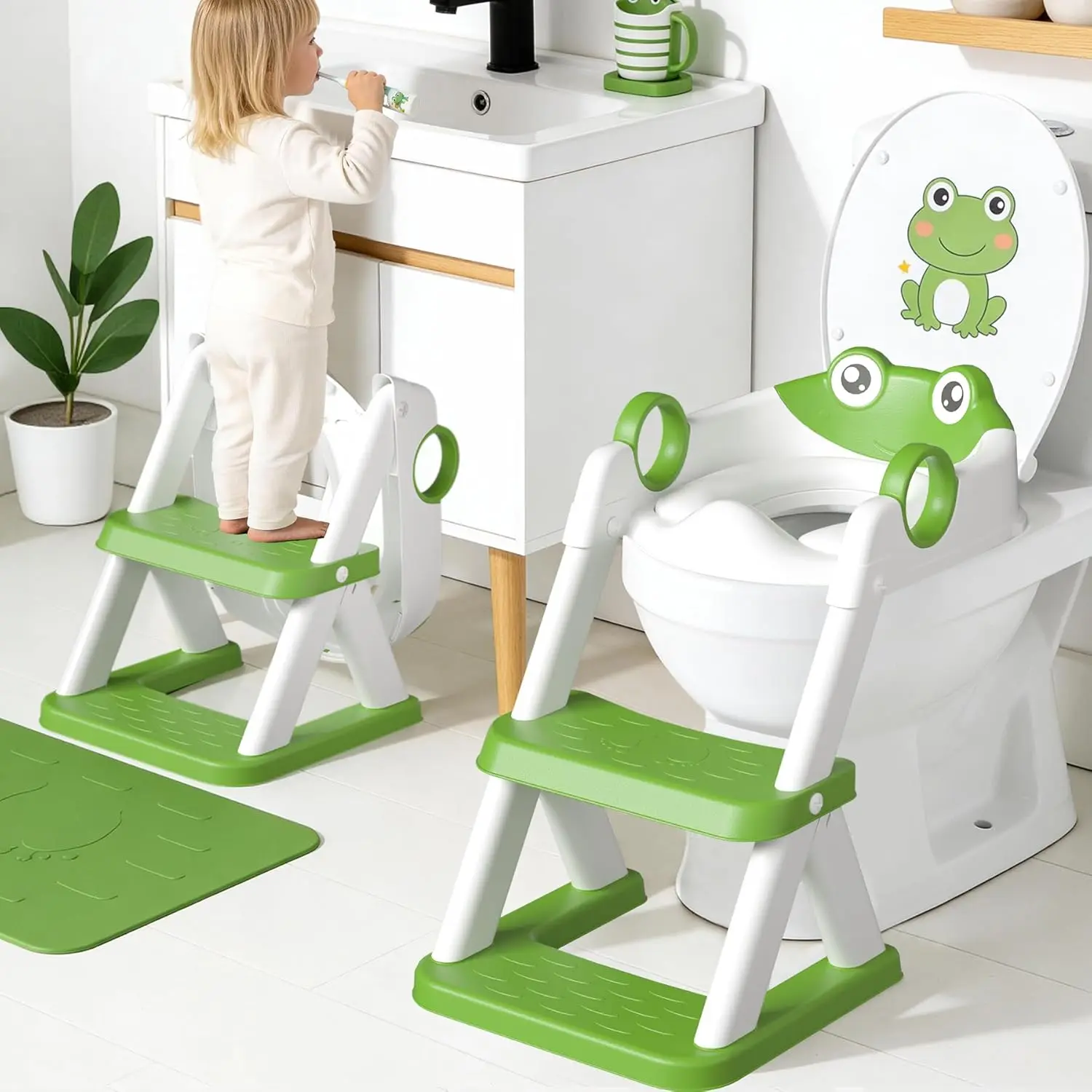 Frog Toilet Seat, Potty Training Seat for Toddler, Upgrade Potty Training 2 in 1 Toddler Toilet Seat for Boys Girls,Waterproof Soft Mat Non-Slip Step Stool