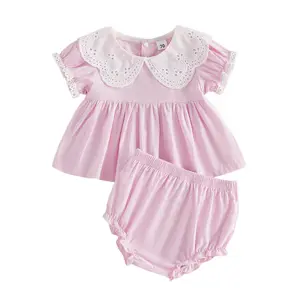 PYBCVRRD Toddler Infant Baby Girls Summer Shorts Outfits Set Short Sleeve Doll Collar Eyelet Tops PP Shorts Clothing Sets 3-24 Months