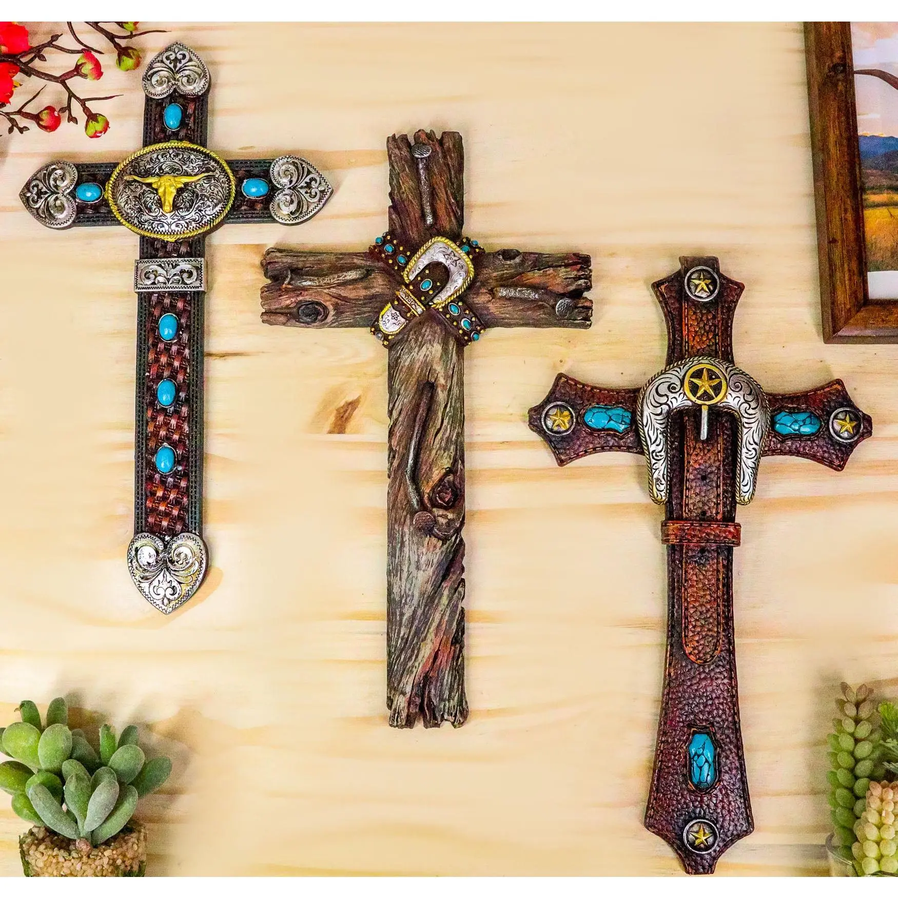Set of 3 Rustic Western Turquoise Rocks Belt Buckle Conchos Wall Crosses Decor