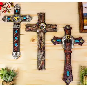 Set of 3 Rustic Western Turquoise Rocks Belt Buckle Conchos Wall Crosses Decor