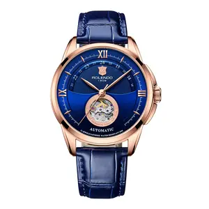 Vintage Roman Numeral Half Skeleton Self-Winding Mechanical Watch, Matte Royal Blue Layered Dial 24-Hour Auxiliary Track Central Open Work Movement Module, Hand-Stitched Navy Cowhide Band Shock Resistant Office Executive Formal Wristwatch