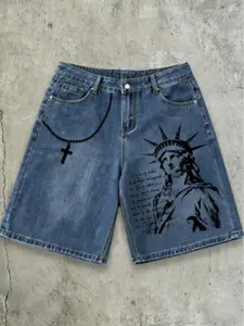 Vintage Blue Tone High-Quality Design, Liberty Statue Print Eye-Catching, Street Style Denim Shorts, Effortlessly Cool Look
