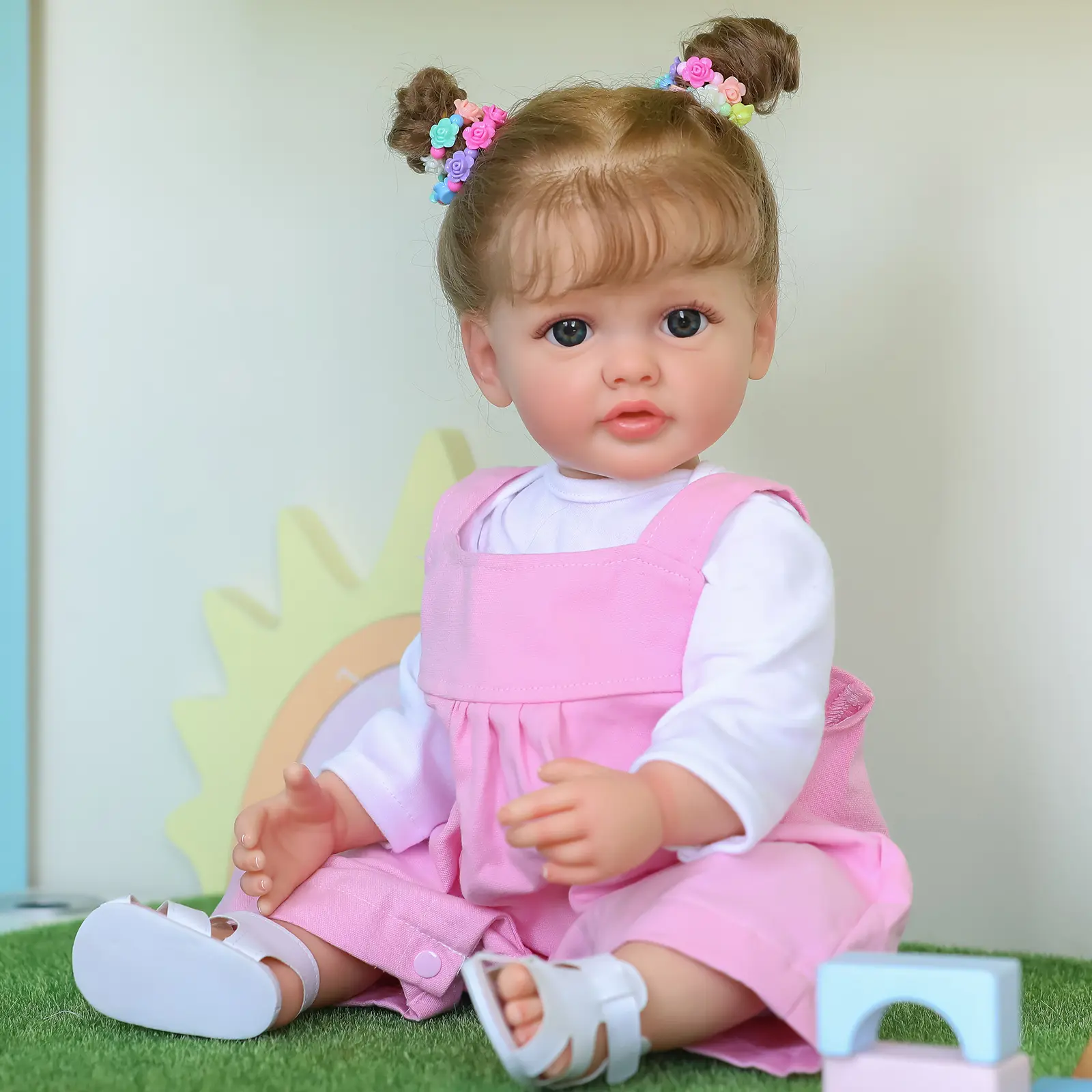 20-Inch American Girl Style Full-Vinyl Body Doll - Awake, Rooted Brown Hair Bun, Blue Eyes, White Top, Pink Overalls, Complete Accessories Included, Gorgeous Vinyl Face Fashion Doll, Gorgeous Doll