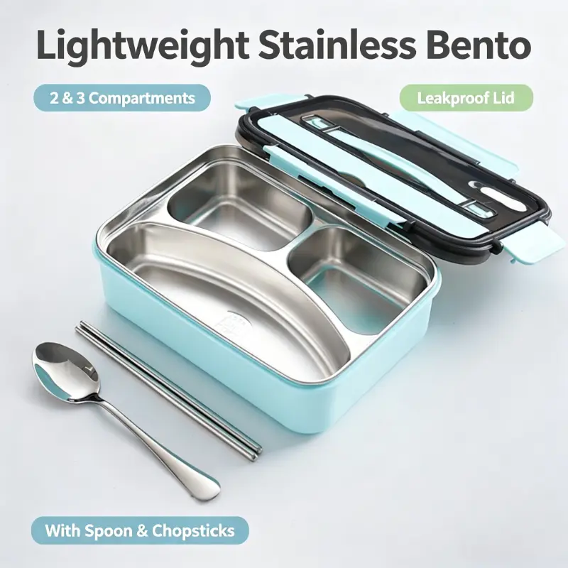 Stainless Steel Multi-Compartment Bento Box - 2/3 Compartments, Stylish Functional Tableware, Leakproof Portable, Easy to Clean Food Storage Container, Includes Utensils, for Camping & Outdoor Trips