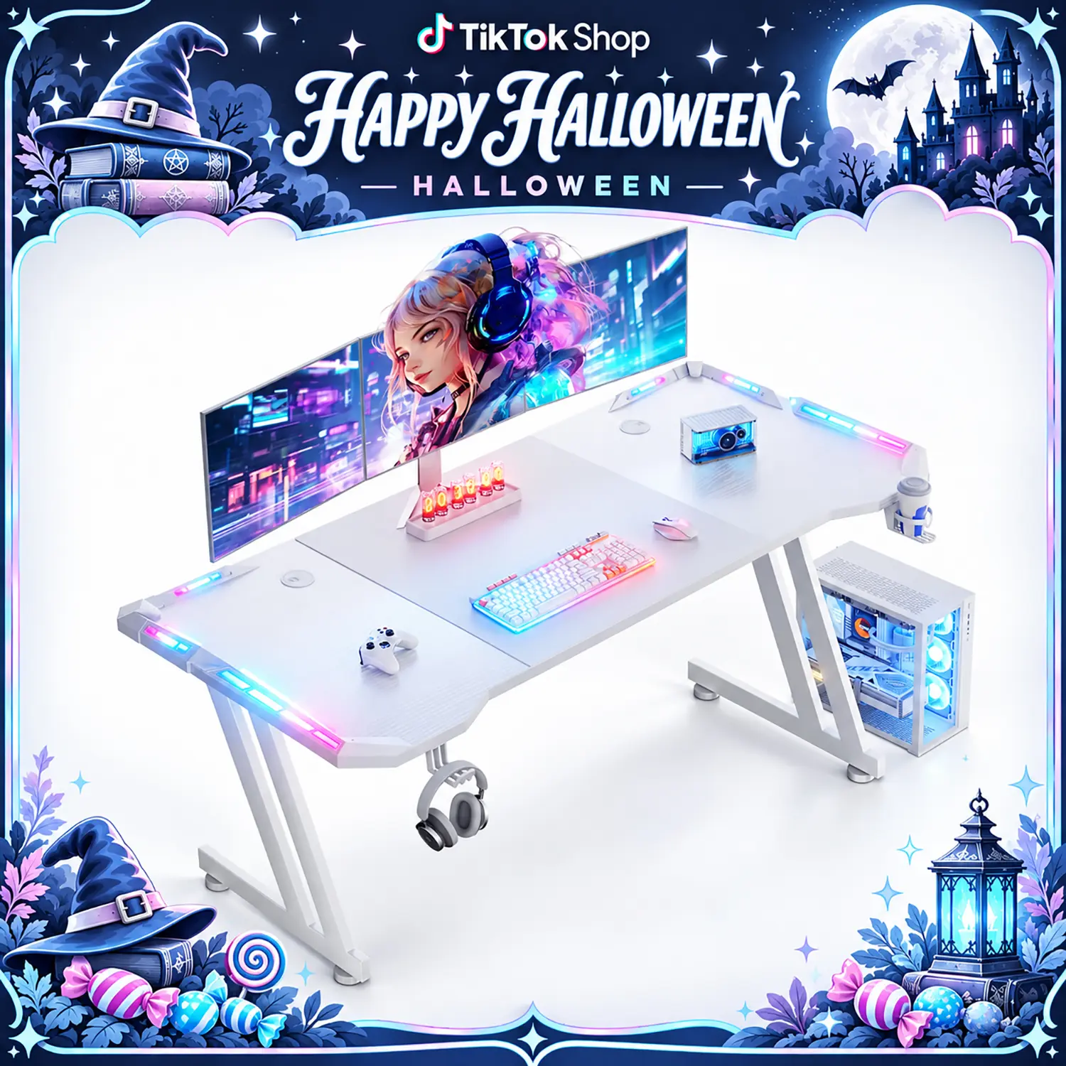 Ecofurnix Modern 47/55/63-Inch FSC-Certified Wood Gaming Desk - Carbon Fiber Glossy Surface, Stable Triangular Z-Shape, 200lb Capacity, LED RGB Lights, Cup Holder Ready, Headphone Hook, Waterproof, Dual Monitor Mount Compatible (White), Gaming Desks
