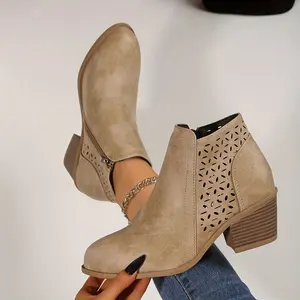 [Chunky Mid-Heel Ankle Boots] Comfortable & Durable Women's Chunky Mid-Heel Slip-On Ankle Boots | Laser-Cut Design, Round Toe, Plastic & PU Cover, All-Season Versatile Casual & Formal Footwear Girl Shoe cowgirl boots