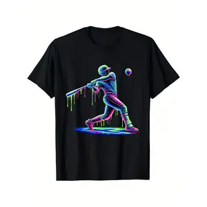 Men's Baseball Graphic T-Shirt - Neon Ice Cream Drip Swing Design, Soft Stretch Fabric Tee for Baseball Fans - Game Day Outfit, Casual Sports Apparel - Black Shirt with Neon Green & Pink Accents - graphic tee men's t shirts Oversized Menswear