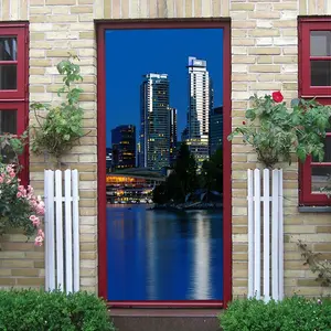 2pcs Modern City Night View Wall Sticker High-Rise Building Architecture Landscape Decal Removable Waterproof Self-Adhesive Wallpaper Home Decor Mural Sticker for Living Room Bedroom