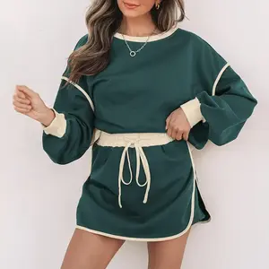 MULLVEIG Women’s St. Patrick’s Day Two-Piece Sweat Suit – Lucky Green Contrast Color Pullover & Matching Skort, Casual Lounge Tracksuit