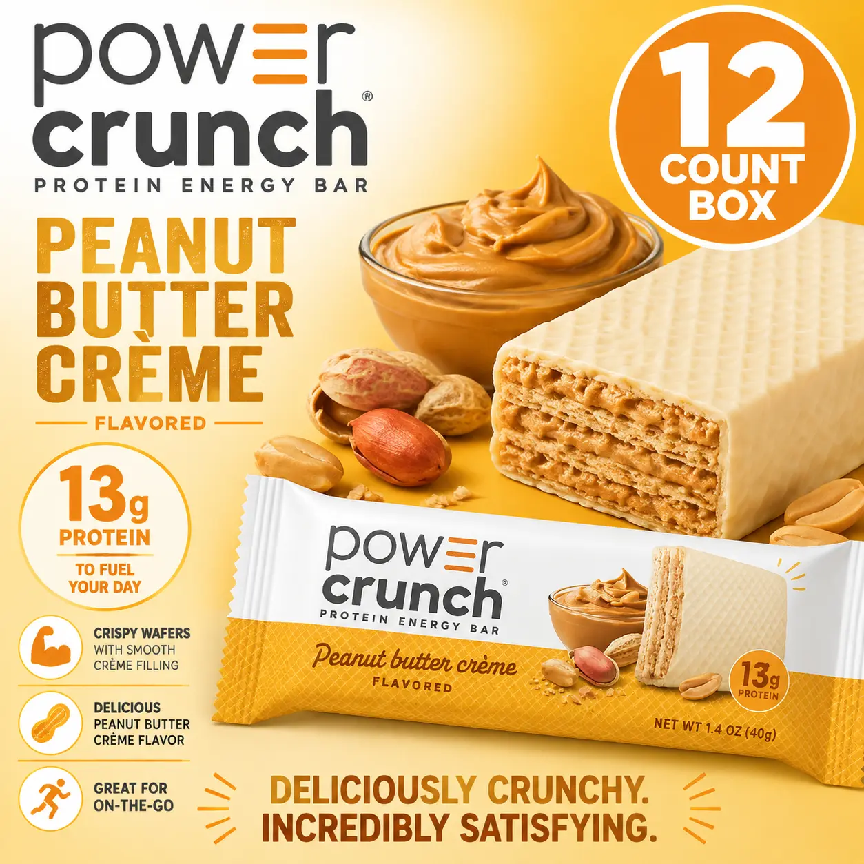 Power Crunch Protein Wafer Bars Peanut Butter Creme 1.4 oz 12 Count  Crispy Protein Wafer Snack Bars | Creamy Peanut Butter Flavor Treats
