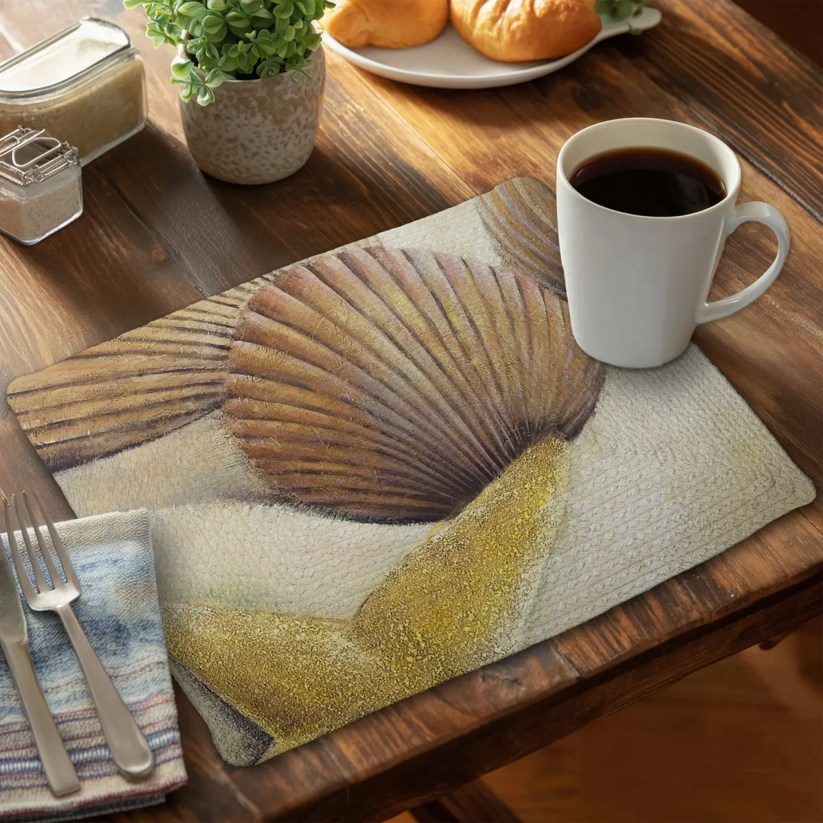 14x18 in Rectangle Stain Resistant Placemats & Coasters Set, Modern Polyester Print with 360-Stand & Braided Pieces, Starfish & Seashells Design, Durable for Tranquil Coastal Ambiance Kitchen Tableware (CBPM14184430M6)