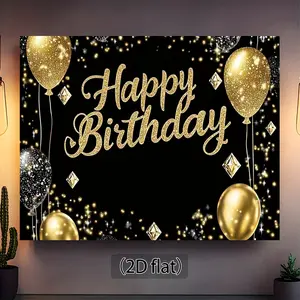 Luxury Black and Gold Birthday Backdrop with Diamond Balloons & Glitter – Elegant Polyester Banner for Indoor/Outdoor Parties, Weddings & Celebrations