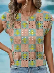 Elegant Women's Vintage Ethnic Bee Print Round Neck Sweater, Breathable Sleeveless Knit Top, Casual All-Season Fashion