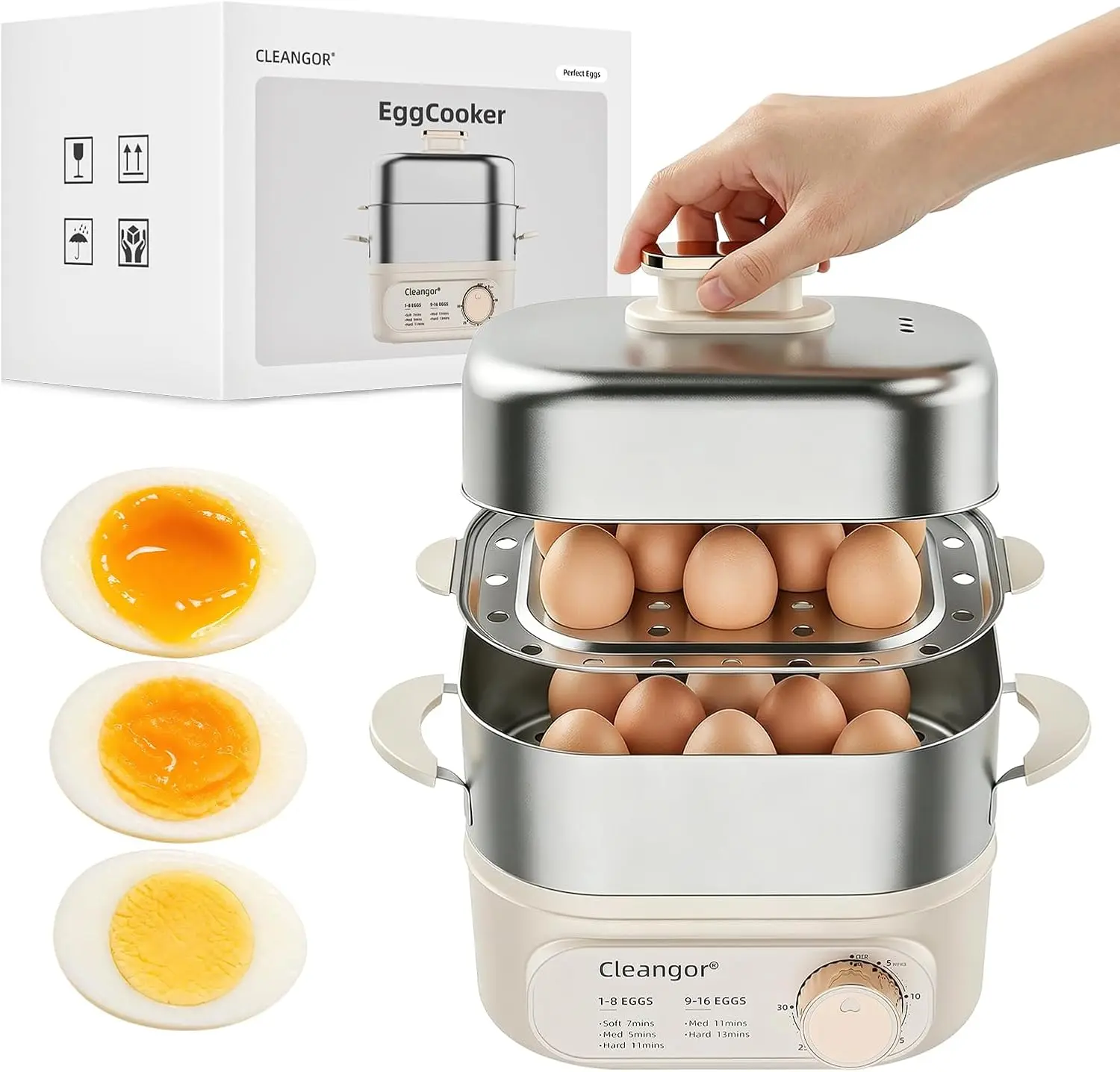 Hard Boiled Egg Steamer–16 Med / 12 Large Eggs, 304 SS + PP, Auto Shut Off | 350W heating, 30-min timer, 2-tier (8 per layer medium eggs), dishwasher-safe, BPA-free, for meal prep, breakfast, camping