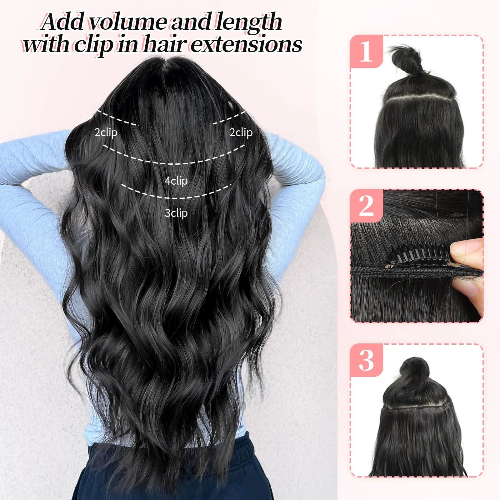 24 Inch Clip-In Synthetic Hair Extensions 4PCS Thick Wavy Wefts ALXNAN Clip in Long Wavy Synthetic Hair Extension 20 Inch  main image 2