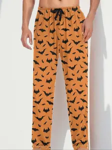 Men's Halloween Bat Pattern Pajama Bottoms, Autumn Winter Sleepwear Pants, Comfortable Casual Lounge Wear, Stylish Nightwear