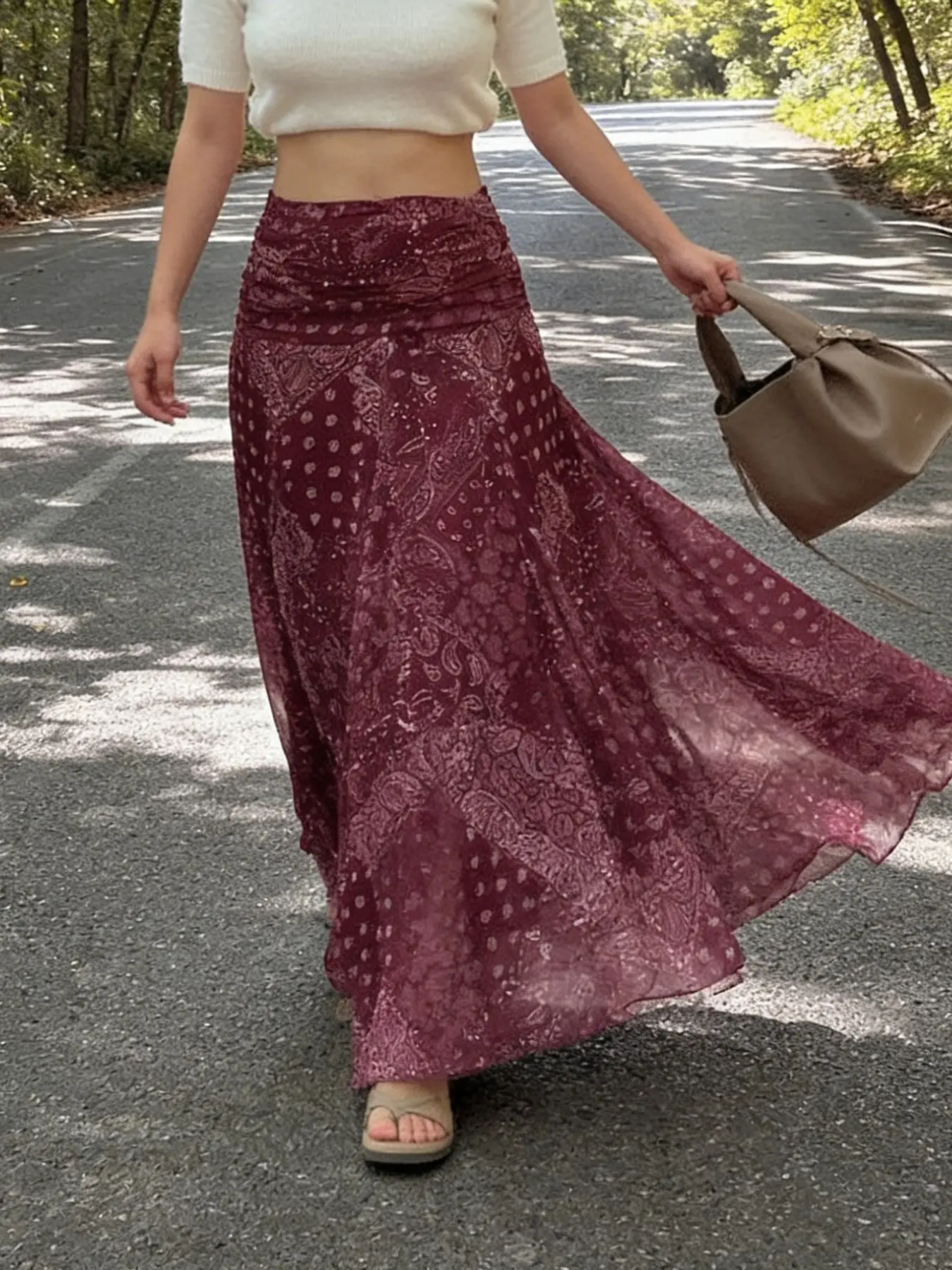 Women Boho Maxi Skirt High Waisted Chiffon Flowy Long Skirt Vintage Floral Print Lightweight Summer Beach Vacation Casual Elegant A Line Tiered Skirt Feminine Chic Outfit Burgundy Bohemian Style Skirt Boho Skirts