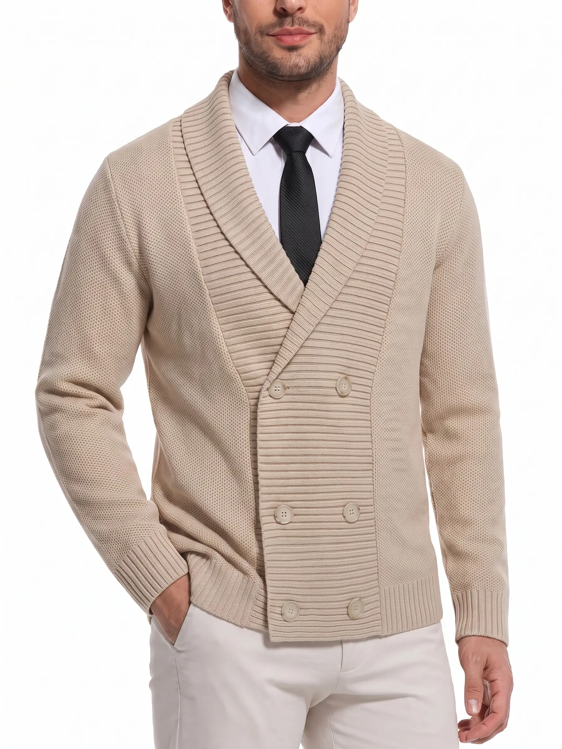 Men’s Stylish Shawl Collar Double-Breasted Button-Front Long-Sleeve Knit Cardigan Sweater - Menswear Tops for Fall Winter Smart Casual Work & Date Night Plain Knitwear