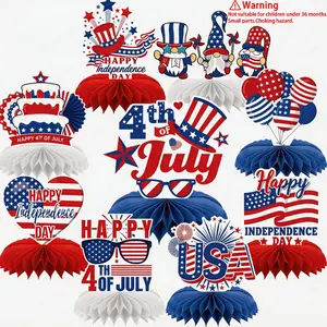 4th of July Honeycomb Centerpieces, 9 Pcs Patriotic Table Decorations, Double-Sided USA Themed Party Toppers with Gnome, Flag, Star & Balloon Designs for Independence Day, Memorial Day Party Supplies