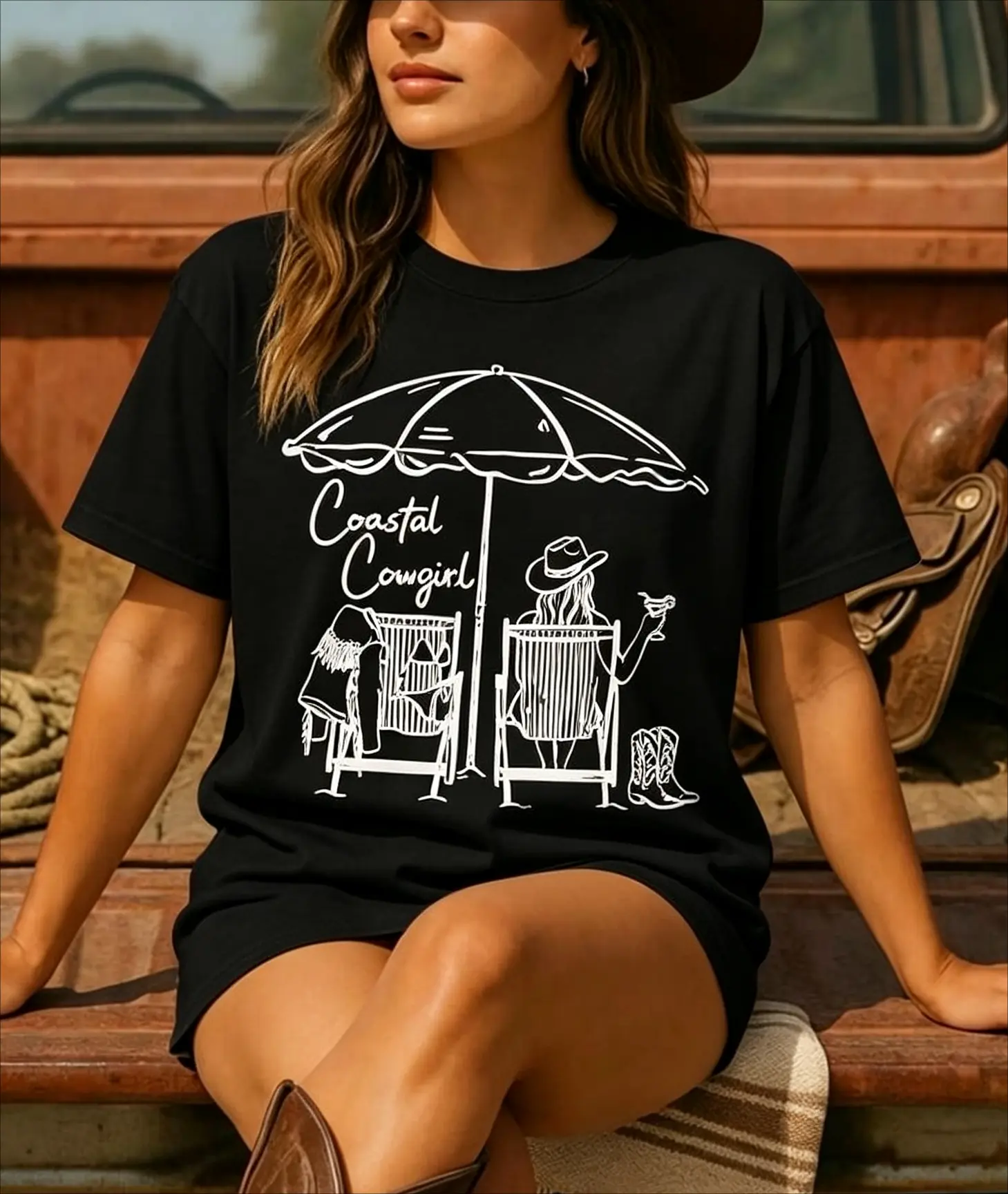 Coastal Cowgirl Western Beach Country Music Line Art Graphic Tee, Oversized Summer Outfit For Women, Cotton Y2K Girls Trip Top