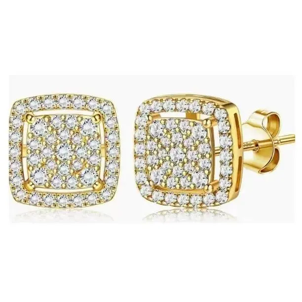 14K Gold-Plated & Silver-Tone Square Cubic Zirconia   for Men &  – 925 Sterling Silver Posts, 45 Sparkling CZ Stones, Iced-Out Halo Design piercing disc  rook nikki reed jewelry Hypoallergenic Surgical Steel Stud  Set spicy men's earrings pierced princess
