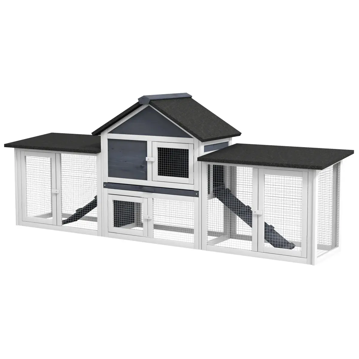 83" L Outdoor Rabbit Hutch with Double Runs, Large Guinea Pig Cage Indoor, Wooden Bunny Hutch with Weatherproof Roof, Removable Tray, Ramps, for Rabbits, Chickens, Ducks
