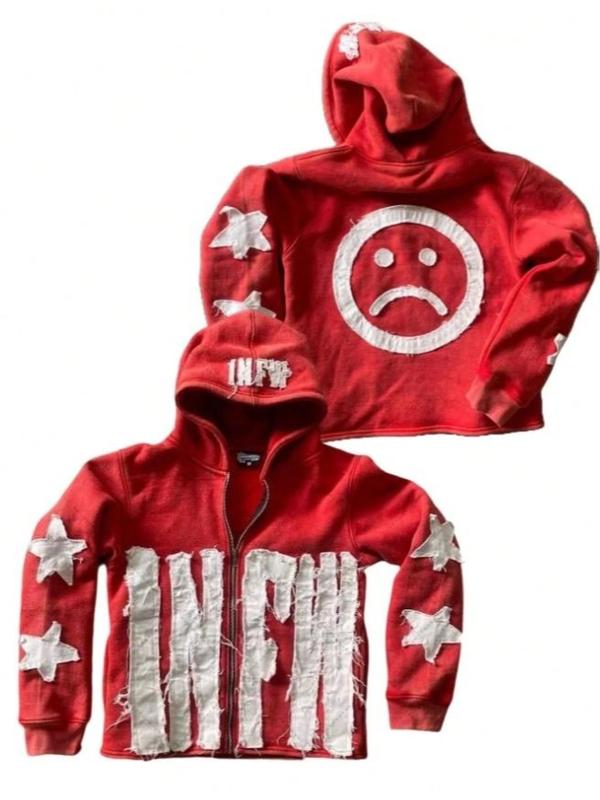 2026 Patchwork Hoodie Letter Star Print Pullover Casual Loose Fit Sweatshirt Red Color 100% Polyester Material