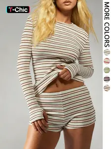 Women's Striped Knit Casual Long Sleeve Top & High Waist Elastic Sporty Shorts Set, Spring Fashion, Comfortable Fit, Sporty Style Clothes, Athletic Fashion Activewear, Elegant Gym Outfits, Workout Sets Women, Athleisure Outfit