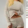 Women's Striped Knit Casual Long Sleeve Top & High Waist Elastic Sporty Shorts Set, Spring Fashion, Comfortable Fit, Sporty Style Clothes, Athletic Fashion Activewear, Athleisure Outfit, Sports Outfit