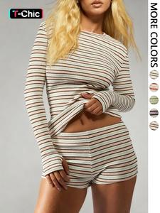 women's striped knit casual long sleeve top & high waist elastic sporty shorts set, spring fashion, comfortable fit athleisure wear set