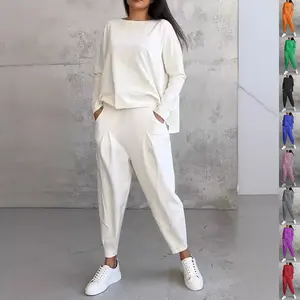 Women's Irregular Suit Long-sleeved Round Neck Top And Loose Harem Pants With Pockets Ins Fashion Trousers Set Women's Clothing