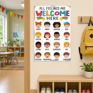 Children's Emotion Chart Poster - Includes 12 emotion pictures and the slogan Welcome All Emotions, serving as a social and emotional learning tool. Ideal for classroom bulletin board decoration, home décor, and educati