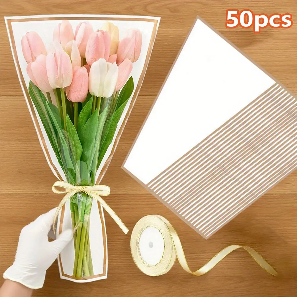 50 Pcs Transparent Open-at-Both-Sides Trapezoidal Fresh Flower Wrapping Plastic Bags Set with 72 ft Ribbons (17.7x11x3.5 in) - Sewing Accessory for Beloved Valentine Gift Bouquets, Boost Festive Vibe