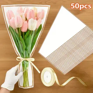 50 pieces of transparent wrapping paper set for fresh flowers, equipped with ribbons, perfect for packaging bouquets, gift flowers, wedding decorations, and DIY floral decorations for birthdays and anniversaries