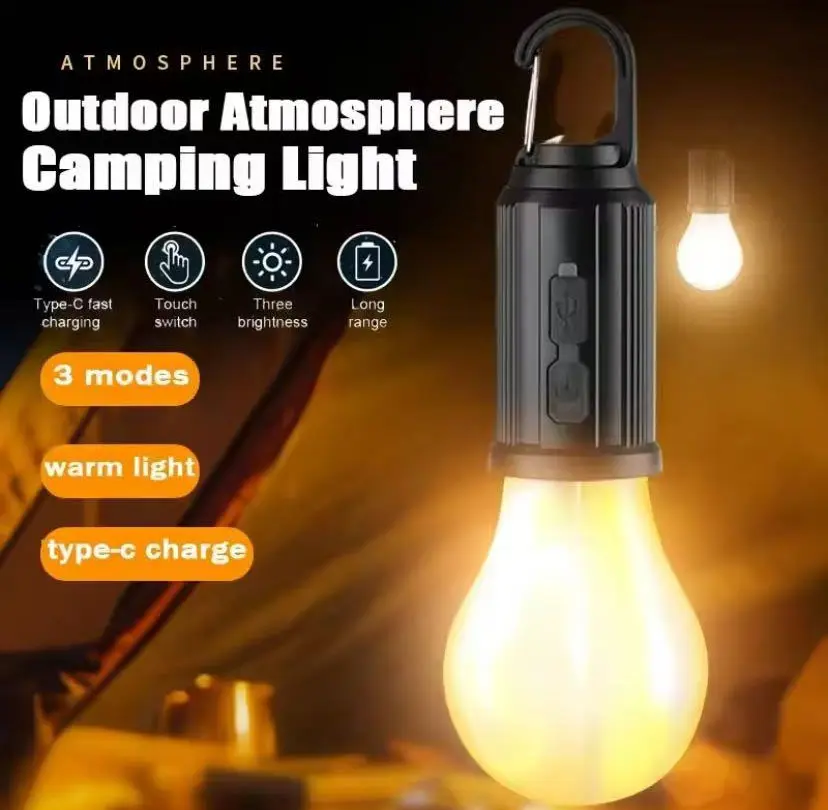 2 Pack Solar Rechargeable Hooked Camping Light, Vintage Outdoor Tent Camping Ambient Light, USB Rechargeable LED Camping Latern, Outdoor Hanging Light Bulbs, Portable Waterproof Emergency Light Bulb