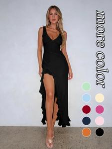 women's plain ruffle trim tank dress, solid sleeveless split hem long formal dress for party club dating wear, ladies fitted summer clothes, slim fit womenswear, party dresses