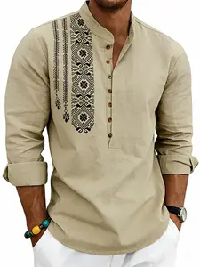 American Style Spring Summer Long Sleeve Loose Ethnic Linen Print Breathable Stand Collar Button Front Casual Shirt for Men