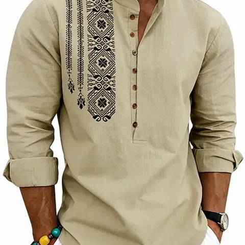American Style Spring Summer Long Sleeve Loose Ethnic Plain Natural Linen Print Breathable Stand Collar Button Front Button Up Casual Shirt for Men Menswear