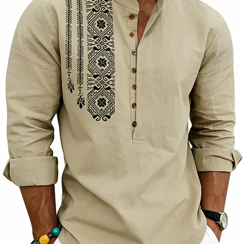 American Style Spring Summer Long Sleeve Loose Ethnic Plain Natural Linen Print Breathable Stand Collar Button Front Button Up Casual Shirt for Men Menswear