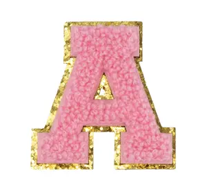 Chenille Alphabet Patch – Pink Varsity Letters with Gold Border – 2.2"