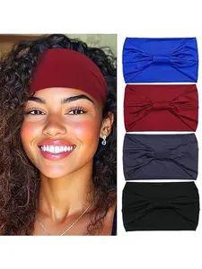 Wide African Stretch Headbands for Women Neutral Knotted Head Warps Turbans, Large African Style Head Bands Hair Accessories, 4 Pack Wide African Stretch Headbands Adjustable Tan Headband